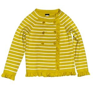 J Crew Cardigan Yellow White Stripe Double Breasted Ruffle Trim‎ Heavy XS Flaw